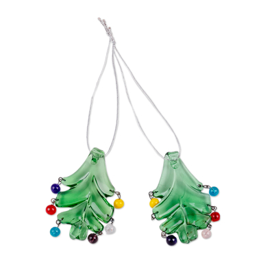 Handblown glass ornaments, 'Holiday Forest' (pair) - Pair of Handblown Beaded Three-Shaped Green Glass Ornaments