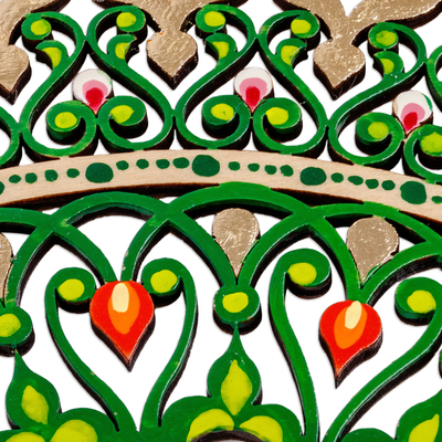 Acento de pared de madera - Acento de pared de madera dorada y verde floral pintado a mano