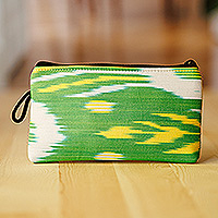 Cotton cosmetic bag, 'Ikat Nature' - Leaf-Inspired Ikat Patterned Cotton Cosmetic Bag with Zipper