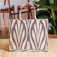 Cotton tote bag, 'Splendorous Grey' - Handmade Grey and White Ikat Patterned Cotton Tote Bag