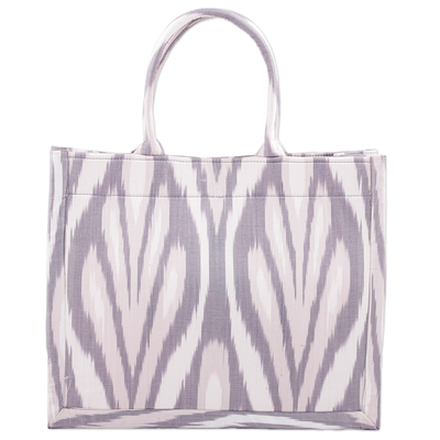 Cotton tote bag, 'Splendorous Grey' - Handmade Grey and White Ikat Patterned Cotton Tote Bag