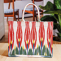 Cotton tote bag, 'Splendorous Moment' - Handmade Red and Green Ikat Patterned Cotton Tote Bag
