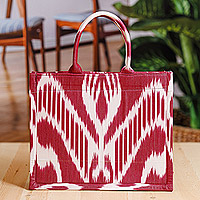 Cotton tote bag, 'Splendorous Red' - Handmade Red and White Ikat Patterned Cotton Tote Bag