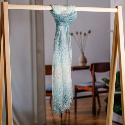 Cashmere wool scarf, 'Lagoon's Act' - Handwoven Soft 100% Cashmere Wool Scarf in Aqua and White