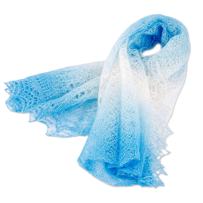 Cashmere wool scarf, 'Ocean's Act' - Handwoven Soft 100% Cashmere Wool Scarf in Blue and White