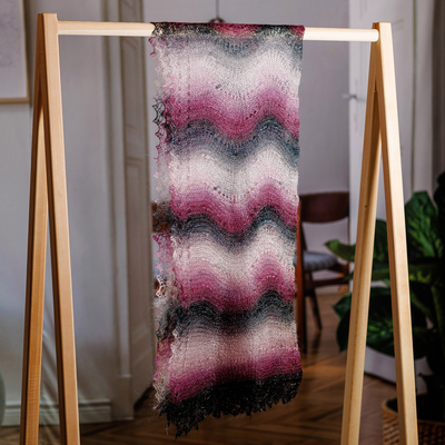 Bufanda de lana de cachemira - Bufanda de lana de cachemira a rayas tejida a mano en negro y fucsia