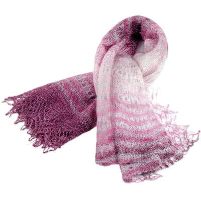 Cashmere wool scarf, 'Dame's Act' - Handwoven Soft 100% Cashmere Wool Scarf in Fuchsia and White