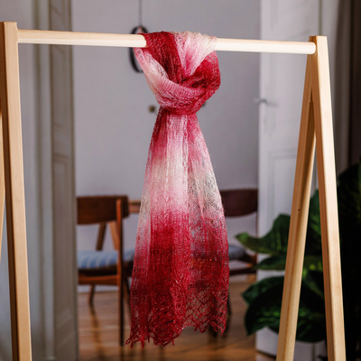 Cashmere wool scarf, 'Lover's Act' - Handwoven Soft 100% Cashmere Wool Scarf in Red and White