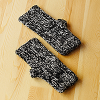 Cashmere wool fingerless mittens, 'Pleasant Duo' - Handwoven White and Black Cashmere Wool Fingerless Mittens
