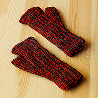 Manoplas sin dedos de lana de cachemira - Manoplas sin dedos de lana de cachemira roja y gris tejidas a mano