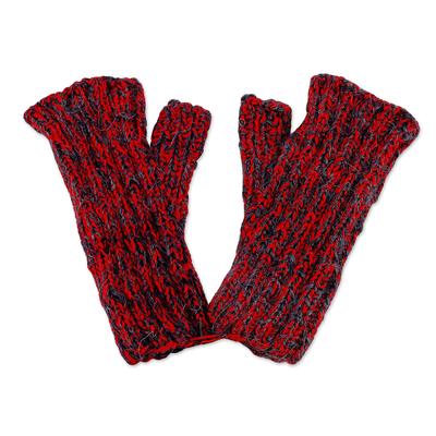 Handwoven Red and Grey Cashmere Wool Fingerless Mittens - Pleasant ...