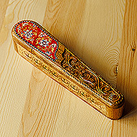 Wood puzzle box, 'Oblong Spring in Red' - Floral Oblong-Shaped Elm Tree Wood Puzzle Box in Red