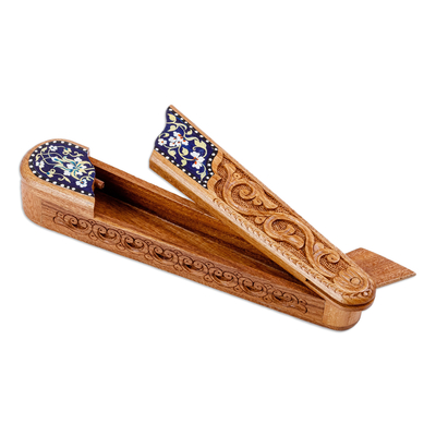caja de rompecabezas de madera - Caja de rompecabezas de madera de olmo floral de forma oblonga en azul