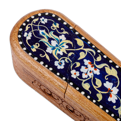 Wood puzzle box, 'Oblong Spring in Blue' - Floral Oblong-Shaped Elm Tree Wood Puzzle Box in Blue