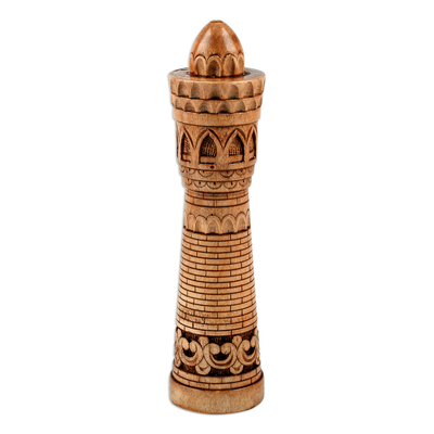 Wood sculpture, 'Regal Minaret' - Hand-Carved Traditional Minaret Elm Tree Wood Sculpture