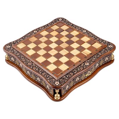 juego de ajedrez de madera - Juego de ajedrez de madera de nogal tallado a mano, floral clásico pulido