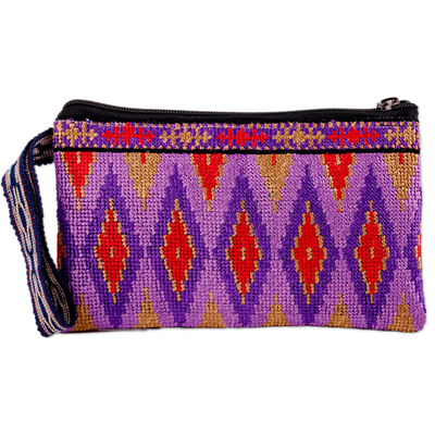 Embroidered silk pouch, 'Glamorous Jewels' - Diamond-Patterned Purple and Red Silk Cosmetic Bag