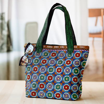 Iroki embroidered tote bag, 'Blooming Days' - Floral Mosaic-Themed Iroki Embroidered Tote Bag