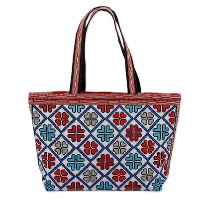 Iroki embroidered tote bag, 'Mosaic Life' - Classic Floral Patterned Iroki Embroidered Tote Bag