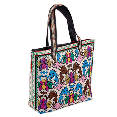 Iroki embroidered tote bag, 'Classic Everyday' - Floral and Leafy Patterned Iroki Embroidered Tote Bag