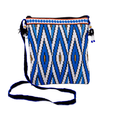 Iroki embroidered sling bag, 'Water Frequencies' - Geometric-Patterned Blue Iroki Embroidered Sling Bag