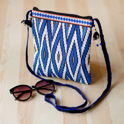 Iroki embroidered sling bag, 'Water Frequencies' - Geometric-Patterned Blue Iroki Embroidered Sling Bag