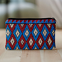 Iroki embroidered cosmetic bag, 'Paradise Geometry' - Geometric Patterned Embroidered Cosmetic Bag in Red and Blue