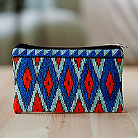 Bolsa cosmética bordada Iroki, 'Ocean Geometry' - Bolsa cosmética bordada con estampado geométrico en tonos azules
