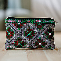 Bolsa de cosméticos bordada Iroki, 'Mosaic Bouquet in Grey' - Bolsa de cosméticos bordada con estampado de mosaico floral en gris