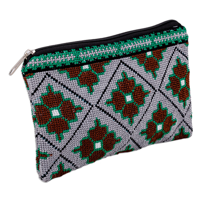 Iroki embroidered cosmetic bag, 'Mosaic Bouquet in Grey' - Floral Mosaic-Patterned Embroidered Cosmetic Bag in Grey
