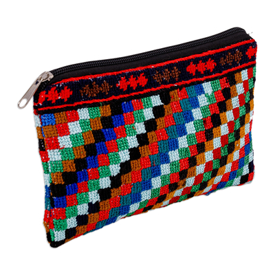 Iroki embroidered cosmetic bag, 'Mini Squares' - Colorful Geometric Patterned Iroki Embroidered Cosmetic Bag