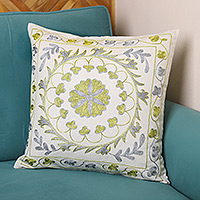 Embroidered suzani cushion cover, 'Divine Eden' - Suzani Embroidered Golden and Silver Cotton Pillow Sham