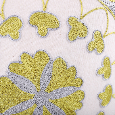 Funda de cojín suzani bordada - Funda de almohada de algodón dorado y plateado bordada Suzani