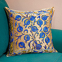 Embroidered silk suzani pillow sham, 'Blue Affair' - Pomegranate Embroidered Blue and Beige Silk Pillow Sham