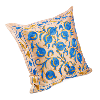 Embroidered silk suzani pillow sham, 'Blue Affair' - Pomegranate Embroidered Blue and Beige Silk Pillow Sham