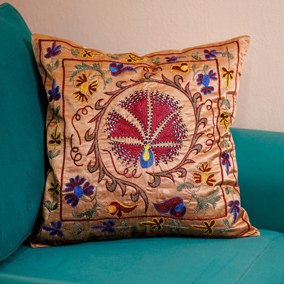 Embroidered silk pillow sham, 'Noble Glory' - Traditional Peacock-Themed Embroidered Silk Pillow Sham