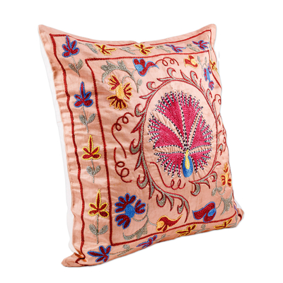 Embroidered silk pillow sham, 'Noble Glory' - Traditional Peacock-Themed Embroidered Silk Pillow Sham