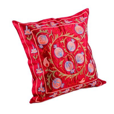 Embroidered silk pillow sham, 'Passion & Tradition' - Pomegranate-Themed Embroidered Crimson Silk Pillow Sham
