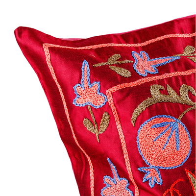 Funda de almohada de seda bordada - Funda de almohada de seda carmesí bordada con temática de granada