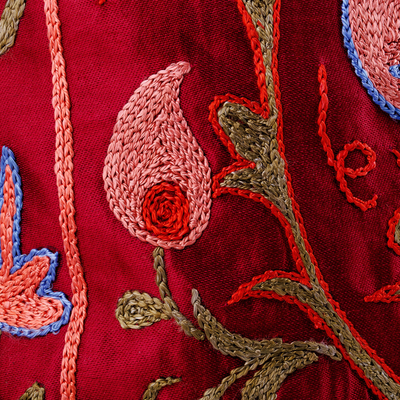 Embroidered silk pillow sham, 'Passion & Tradition' - Pomegranate-Themed Embroidered Crimson Silk Pillow Sham