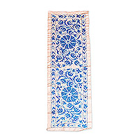 Embroidered suzani table runner, 'Blue Ambrosia' - Handcrafted Floral Blue Cotton and Viscose Table Runner