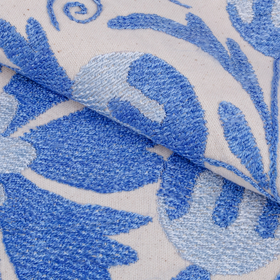Embroidered suzani table runner, 'Blue Ambrosia' - Handcrafted Floral Blue Cotton and Viscose Table Runner