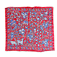 Embroidered suzani tablecloth, 'Red Arcadia' - Nature-Themed Red Embroidered Silk and Viscose Tablecloth