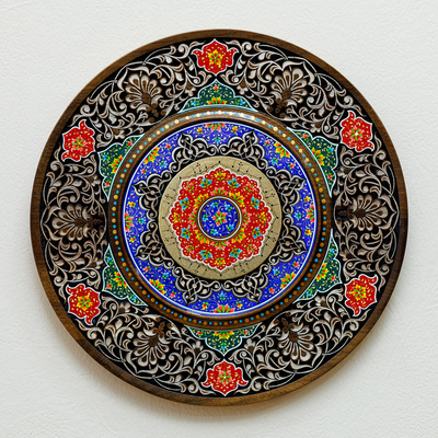 Wood wall art, 'Uzbek Petals' - Handcrafted Lacquered Walnut Wood Wall Art with Floral Motif