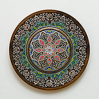 Arte de pared de madera, 'Flora uzbeka' - Arte de pared floral de madera de nogal pintado y lacado tallado a mano
