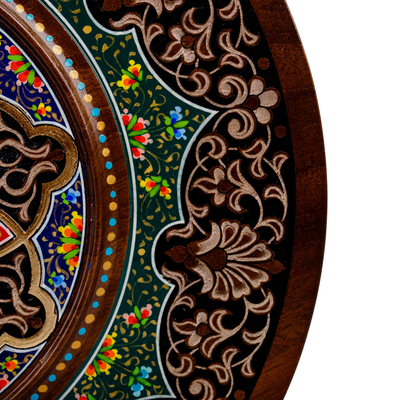 Wood wall art, 'Uzbek Flora' - Hand-Carved Painted & Lacquered Walnut Wood Floral Wall Art