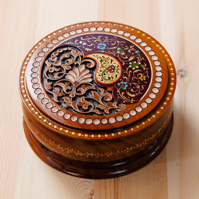 Wood jewelry box, 'Paisley Glory' - Handmade Walnut Wood Jewelry Box with Paisley & Floral Motif