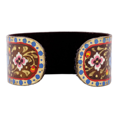 Lacquered tin cuff bracelet, 'Goddess of Mountains' - Floral Adjustable Golden, Blue and Brown Tin Cuff Bracelet