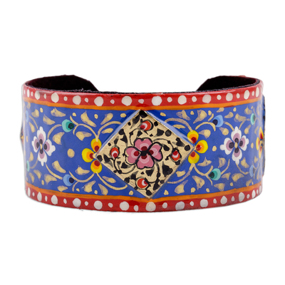 Lackiertes Manschettenarmband aus Zinn - Bemaltes, florales, rot und blau lackiertes Zinn-Manschettenarmband
