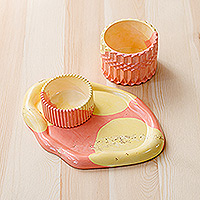 Candleholder and tray set, 'Sunny Life' (3 pieces) - Yellow and Orange Plaster Catchall and Tray Set (3 Pieces)